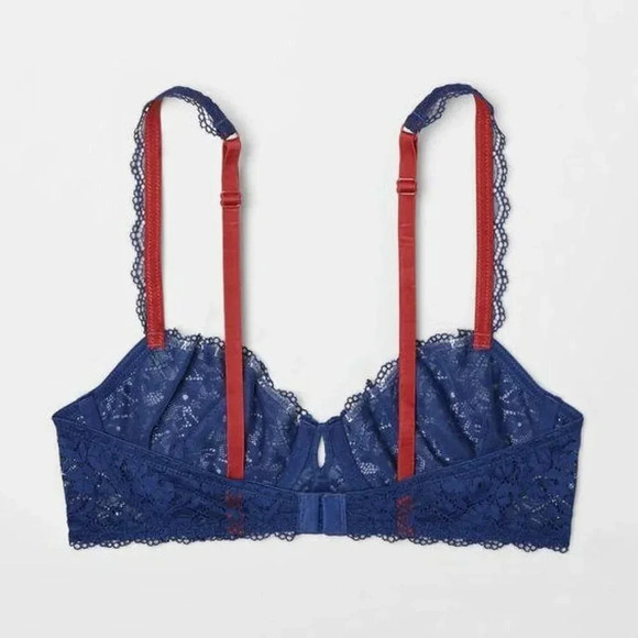 34A Gilligan O'Malley Unlined Semi Sheer Lace Balconette UW Bra Nighttime Blue - Picture 8 of 8